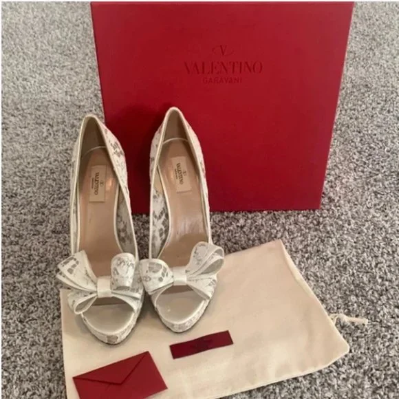 Valentino Shoes Valentino Lace Bow Peep Toe Platform Heels